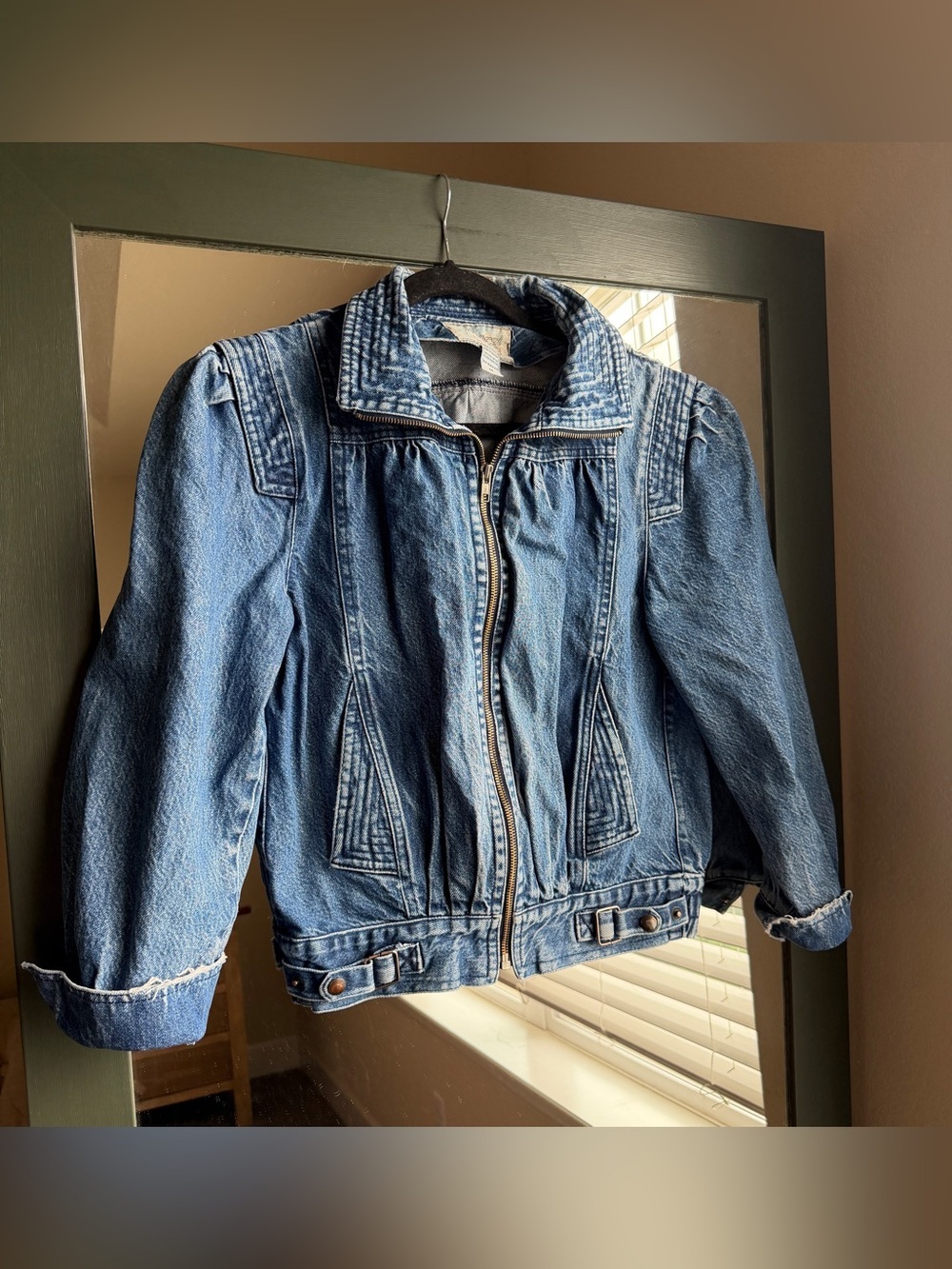 Vintage 80s Learsi Puffed Shoulder Denim Jacket M Boho Acid Wash Moto Bomber
